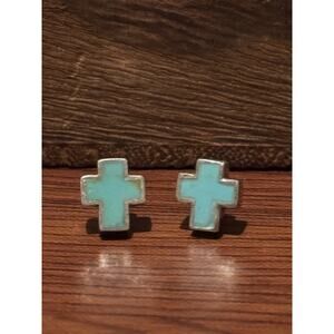 Sterling Silver Turquoise Cross Stud Earrings 3/8” Southwestern Zuni Style Inlay